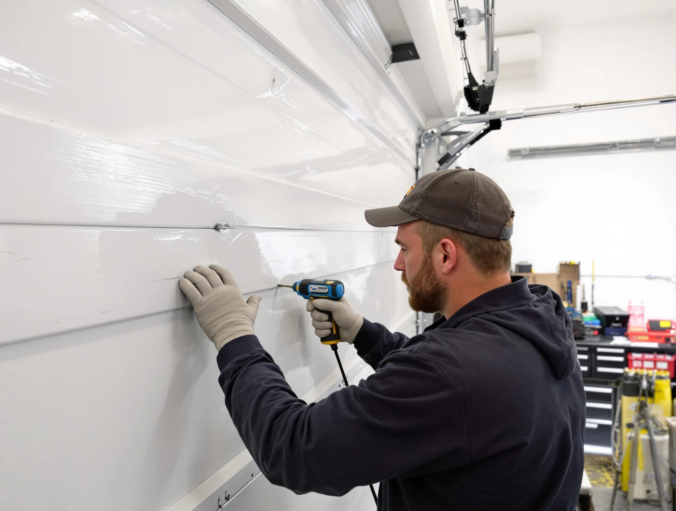 Midfield Garage Door Repair technician demonstrating precision dent removal techniques on a Midfield garage door